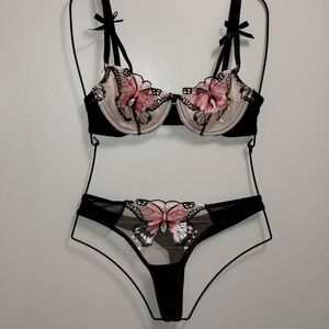 Floral Embroidered Black and Pink Bra Set